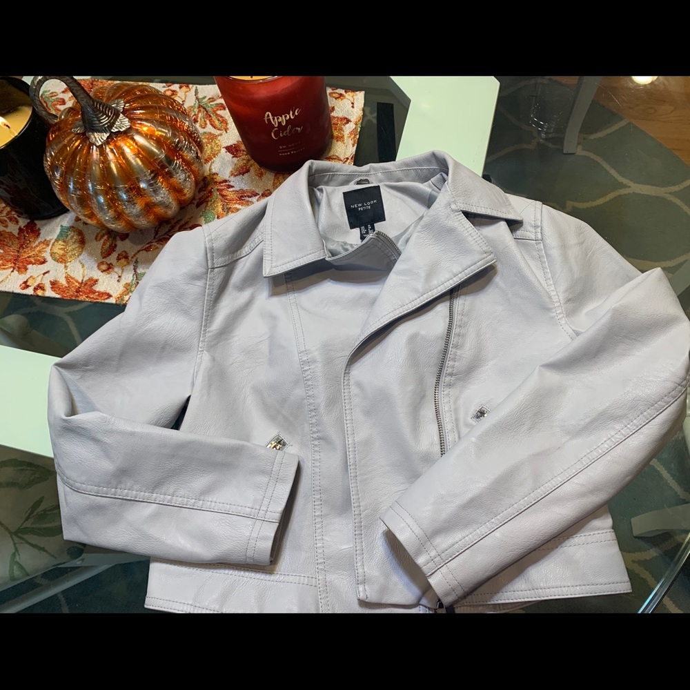 🐣New Look Petite Faux Grey Leather Moto Jacket - Picture 16 of 16